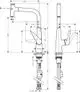 Küchenmischer von Hansgrohe mit Ausziehauslauf und einem Hebel. Darstellung mit verschiedenen Maßen und Anschlüssen, seitliche und frontale Ansicht.